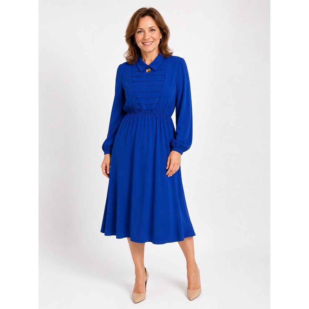 Hana Sung Vintage Royal Blue Pleated Bib Midi Dress Gold Hardware 16 Collared